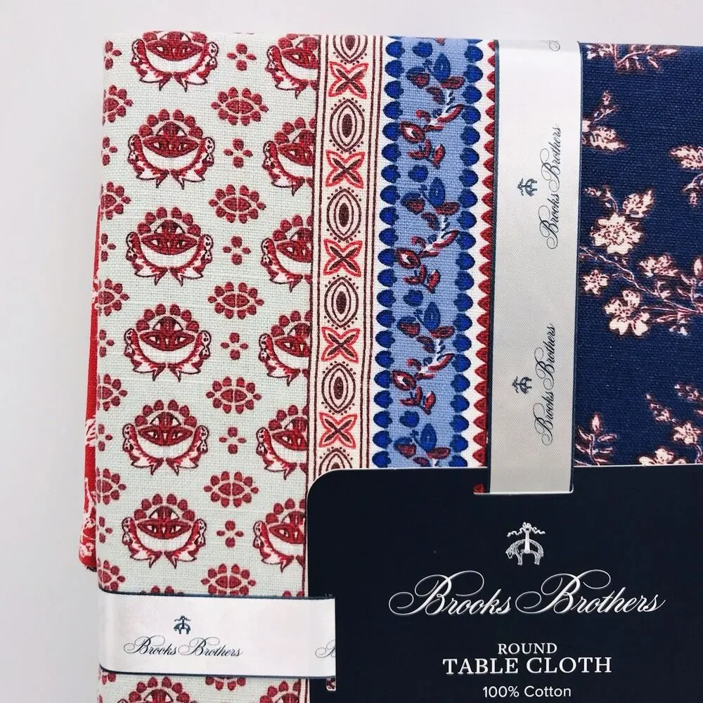 Brooks Brothers Round Tablecloth 70” Round Floral Red White Blue 100% Cotton NWT